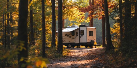 Poster - A cozy RV parked on a winding path through autumn woods. The warm colors of fall leaves create a serene and inviting atmosphere. Perfect for adventure seekers and nature lovers. AI