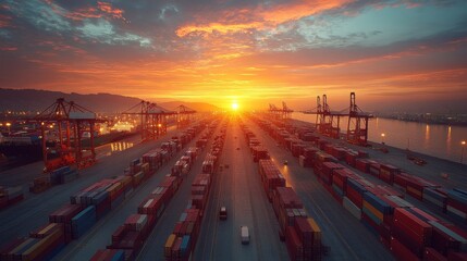 As the sun sets, vibrant colors fill the sky above a bustling shipping port, where rows of cargo containers and cranes stand poised for activity.