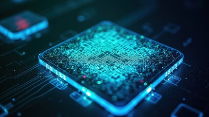 Poster - Futuristic Metal Chip with Glowing Circuit Patterns