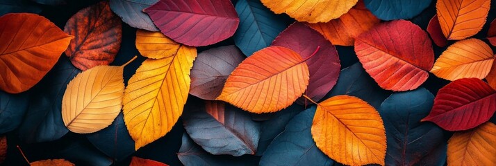 Poster - A vibrant display of autumn leaves in various colors creates a beautiful natural pattern. Perfect for seasonal decor, nature projects, or botanical themes. 