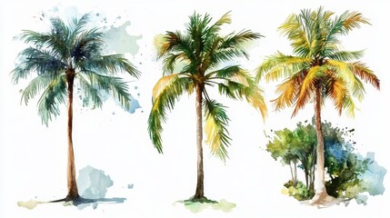 Watercolor Set of Tropical Palm Trees for summer, tropical, beach, nature, and vacation themes.