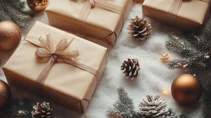 Wall Mural - beautifully wrapped gifts with golden ribbons rest on snowy surface, surrounded by pinecones, evergr