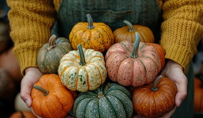 Wall Mural - A person showcases an array of vibrant pumpkins of different shapes and colors collected at an autumn farmers market