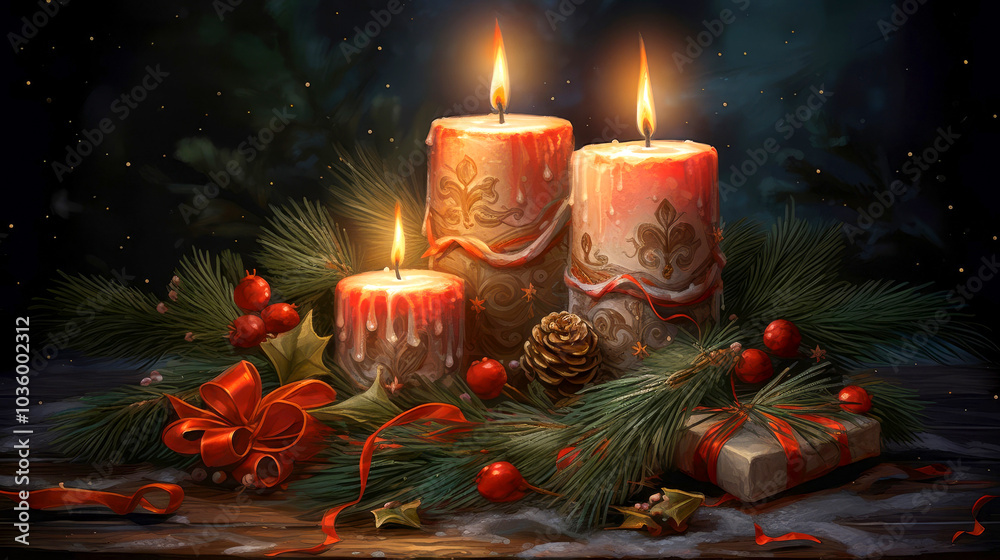 Picturesque Christmas still life composition in a dark key of burning candles, pine branches, cones, toys, gifts and red ribbons. Advent, Christmas, Sylvester.