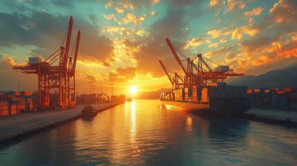 Aufkleber - A breathtaking sunset casts a warm glow over a bustling port filled with cranes and cargo containers, illuminating the water and skyline.