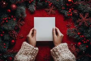 Poster - Hands in a knitted sweater hold a blank card amidst lush greenery and red ornaments, creating a warm holiday atmosphere perfect for sending greetings