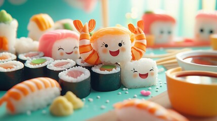 Wall Mural - Cute cartoon sushi with happy faces on a turquoise background.