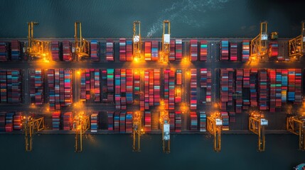 Aufkleber - This bustling shipping dock comes alive at night as bright lights illuminate rows of stacked cargo containers. Cranes actively move shipments, highlighting the dynamic flow of goods.