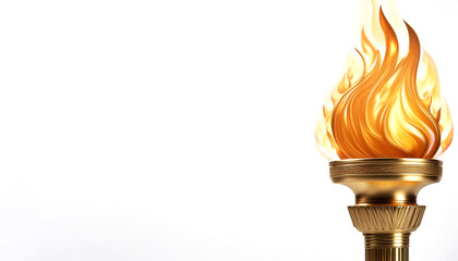 A golden torch emitting bright orange flames on side position provides copy space for text. background concept isolated white