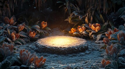 Aufkleber - In a tranquil forest glade, a softly glowing stone sits at the center, surrounded by frost-kissed flowers. The early morning light casts a gentle glow on the scene, enhancing its magical ambiance.