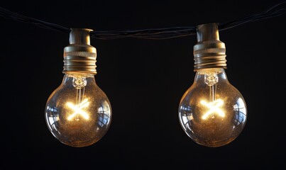 Two lit up bulbs hanging from a string