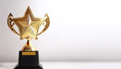 A golden trophy with a star on top on side position provides copy space for text. background concept isolated white