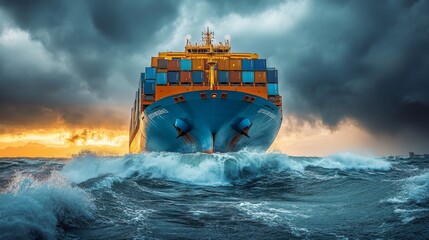 Aufkleber - A massive container ship plows through choppy waves as it approaches a port at sunset, with dramatic clouds enhancing the intense atmosphere of the moment.