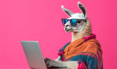 Wall Mural - studio photo portrait of a happy lama in hipster clothes using a laptop, concept of bright colors an