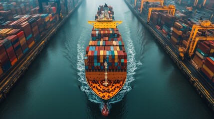 Aufkleber - A large cargo ship moves steadily through a narrow channel, surrounded by numerous stacked containers in a busy port. The bright colors of the containers create a vibrant scene.