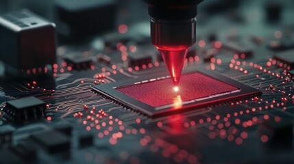 Poster - a close-up image of a laser etching process on a microchip circuit board, highlighting the precision