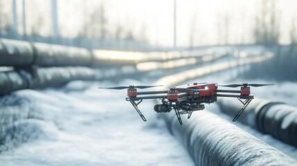 Poster - A drone inspecting pipelines in an industrial setting.