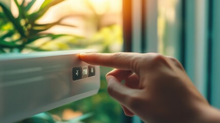 A hand presses a button on a white control panel, possibly for a thermostat or other home automation system, with a blurred window in the background.