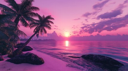 Wall Mural - A purple-pink sunset on a beach with palm trees and an ocean view