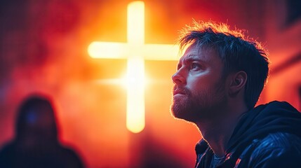 Young man praying under glowing cross in church at night