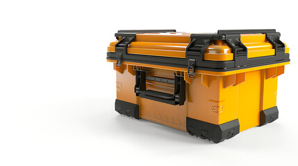 A yellow plastic toolbox with black accents, perfect for storing tools or equipment.