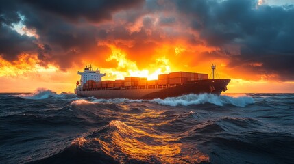 Poster - A cargo ship battles through rough ocean waves as the sun sets, casting a warm glow across the horizon and illuminating the stormy sky.