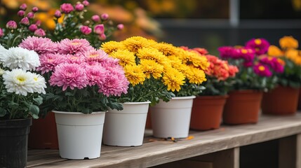 autumn modern garden , autumn flowers chrysanthemums, bench, potted flowers. Background with copy space