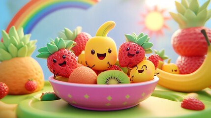 Wall Mural - Happy cartoon fruits in a pink bowl with a rainbow and sunshine in the background.