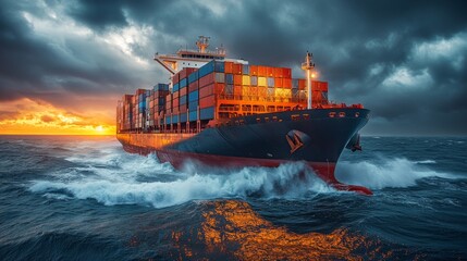 Aufkleber - A cargo ship braves stormy seas as the sun sets, casting a warm glow on the water and illuminating the colorful shipping containers stacked high aboard.