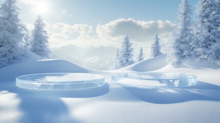 Leinwandbilder - Two large circular ice formations rest on a blanket of fresh snow, surrounded by tall evergreen trees. The bright blue sky enhances the tranquility of this peaceful winter wonderland.