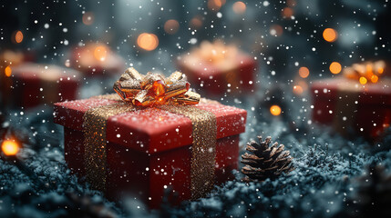 Wall Mural - red christmas gift box with golden ribbon sits on snowy surface, surrounded by glowing lights and pi