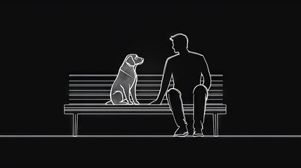   A man sits on a bench with a dog in front of him, while a person sits behind him on another bench