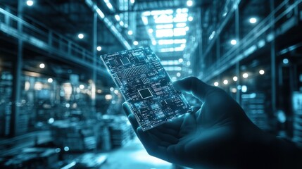 Poster - holding cutting-edge computer chips in front of a high-tech warehouse background, showcasing blue an