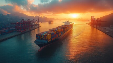 Aufkleber - The cargo ship moves through a bustling port at sunset, with colorful containers stacked high. Cranes outline the skyline against a vibrant sky reflecting on the water's surface.