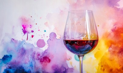 Wall Mural - Red wine glass and colorful paint watercolor canvas