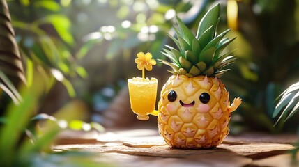 Wall Mural - Happy pineapple with a glass of juice in the rainforest.