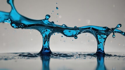 Close-up of a blue liquid splash creating two peaks with droplets flying in the air.