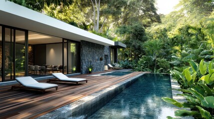 Modern one-story villa with a wooden floor, white walls, and dark gray stone accents, surrounded by lush greenery. A large pool is visible in the foreground, while two lounge chairs stand on an outdo