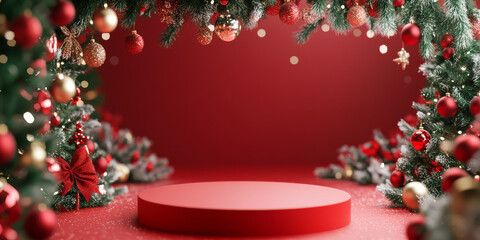 Wall Mural - festive red podium surrounded by christmas decorations, including ornaments and pine branches, creat
