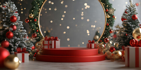 Wall Mural - festive scene with circular podium surrounded by decorated christmas trees, red and gold ornaments, 
