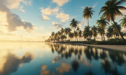 Serene tropical lagoon at sunrise, with calm waters reflecting the sky and palm trees lining the shore