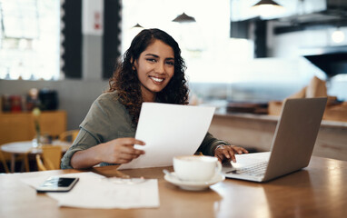 Aufkleber - Laptop, paperwork and portrait of woman in cafe for remote work, research and online business planning. Notes, documents and freelance consultant in coffee shop with computer, drink and web article