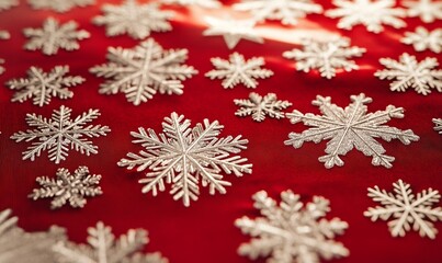 Sharp, angular snowflakes arranged in a repeating pattern on a festive tablecloth, creating a clean, modern holiday look