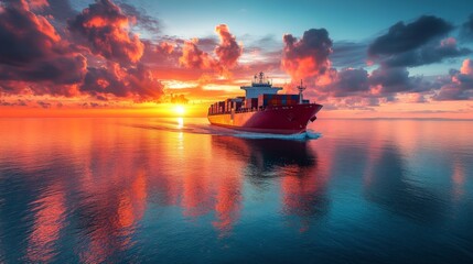 Aufkleber - As the sun sets on the horizon, a cargo ship glides smoothly over tranquil waters, its vibrant red hull mirroring the fiery sky. The colorful clouds enhance the picturesque view.