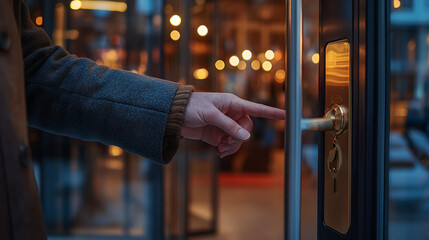 A person points to a door with a gold handle