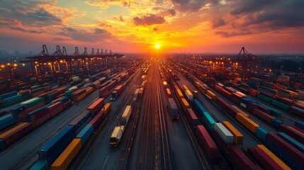 Aufkleber - A bustling cargo container terminal showcases vibrant colors as the sun sets on the horizon. Cranes tower over lined containers, creating a striking industrial landscape.