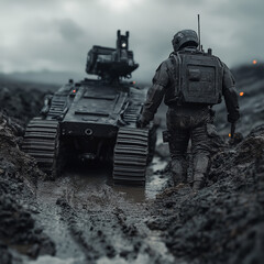 Futuristic soldier walking beside robotic vehicle in muddy terrain