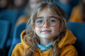 Poster - A young girl with a disability participating in a school play, supported by her peers. Concept of education.