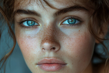 Poster - a woman with no makeup, embracing her natural beauty in a candid portrait. concept of self-acceptanc