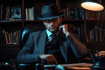 Male detective wearing costume sitting in armchair in his office